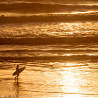 Buy canvas prints of Silhouette of a surfer at sunset in the ocean by Delphimages Art