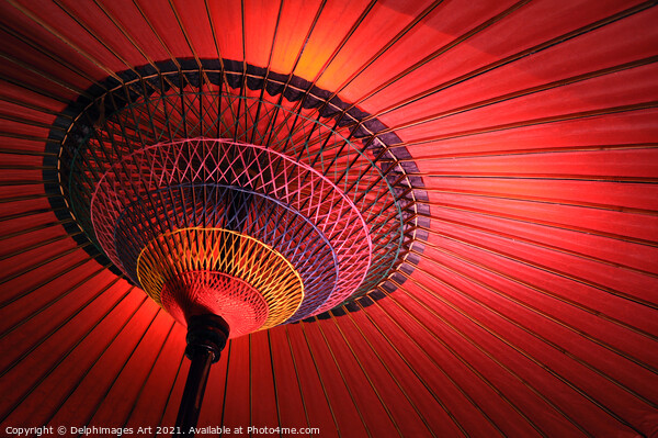 Japanese red umbrella view from inside Picture Board by Delphimages Art