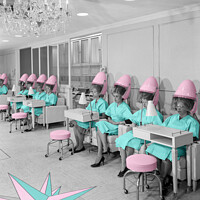 Buy canvas prints of Ladies with vintage hair dryers in a hair salon by Delphimages Art