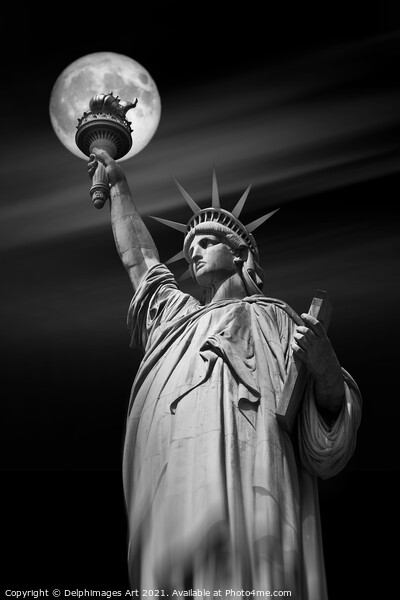 Statue of Liberty and moon at night, New York Picture Board by Delphimages Art