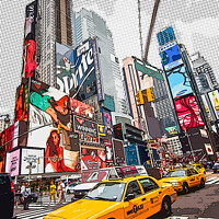 Buy canvas prints of New York. Yellow cabs in Times Square, Pop art by Delphimages Art