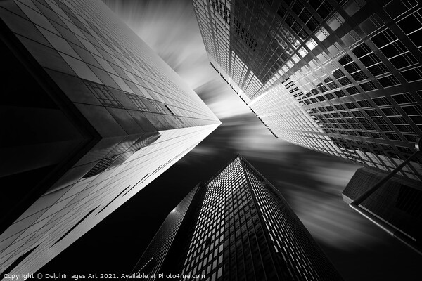 Modern architecture, looking up at glass buildings Picture Board by Delphimages Art