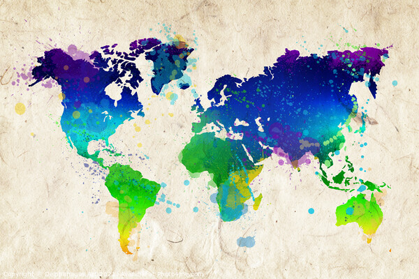 Modern colourful watercolor abstract world map Picture Board by Delphimages Art