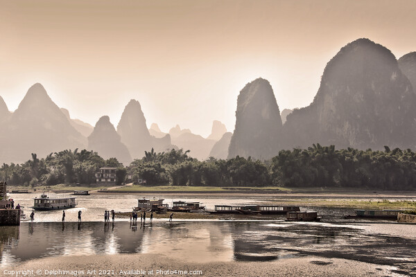 China. Landscape of Li river at sunset near Guilin Picture Board by Delphimages Art