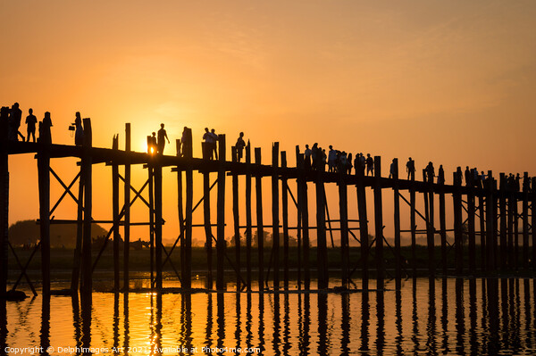 Myanmar. UBein bridge at sunset, Mandalay Burma Picture Board by Delphimages Art