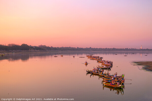 Myanmar. Boats on the lake at sunset near Mandalay Picture Board by Delphimages Art