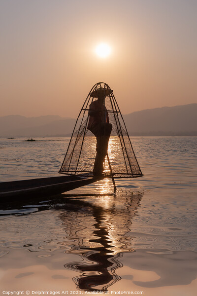 Myanmar. Fisherman on Inle lake at sunset, Burma Picture Board by Delphimages Art