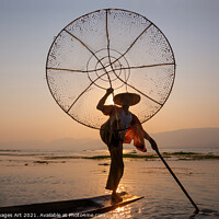 Buy canvas prints of Myanmar. Fisherman at sunset on Inle lake, Burma by Delphimages Art
