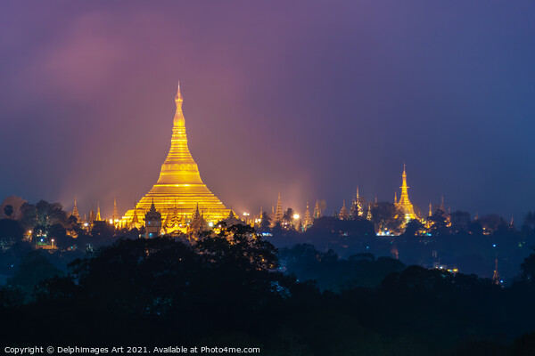 Myanmar. Shwedagon pagoda at night, Yangon Picture Board by Delphimages Art