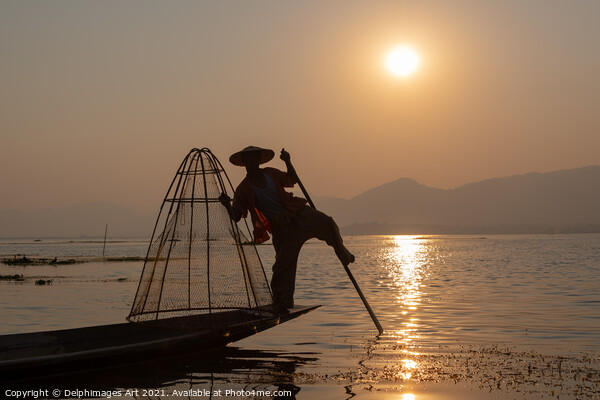Myanmar. Fisherman on Inle lake at sunset, Burma Picture Board by Delphimages Art