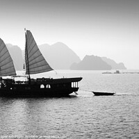Buy canvas prints of Junk in Halong Bay, Vietnam, black and white by Delphimages Art
