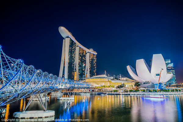 Singapore at night, Helix bridge, Marina Bay Sands Picture Board by Delphimages Art
