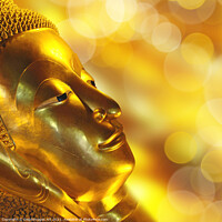 Buy canvas prints of Golden Reclining Buddha head, Bangkok, Thailand by Delphimages Art