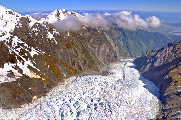 New Zealand. Franz Josef glacier aerial view Picture Board by Delphimages Art