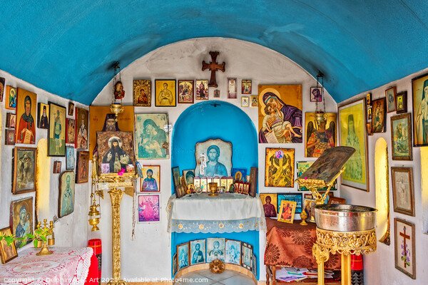 Chania Crete. Interior of blue orthodox chapel Picture Board by Delphimages Art