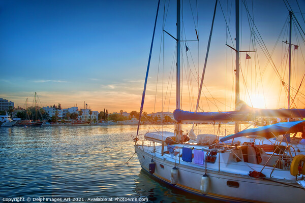 Sailing boat in the harbour of Kos at sunset, Greece Picture Board by Delphimages Art
