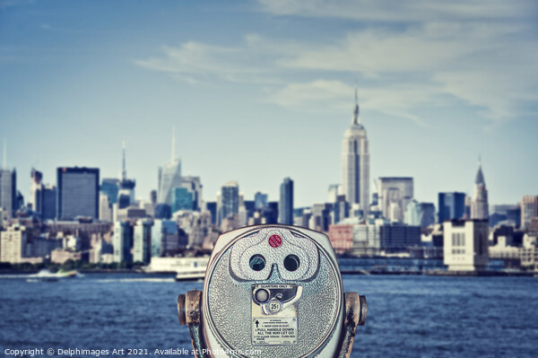 New York. Manhattan skyline and vintage binoculars Picture Board by Delphimages Art