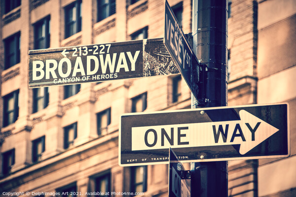 New York. Broadway direction road sign Picture Board by Delphimages Art