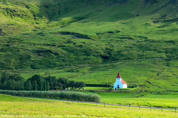 Iceland landscape. White church in the mountains Picture Board by Delphimages Art