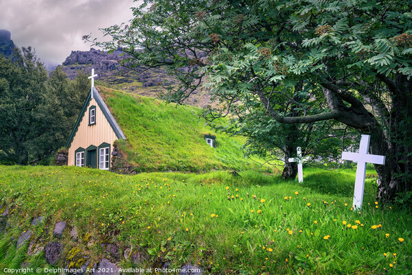 Iceland landscape. Scenic turf church in Hof Picture Board by Delphimages Art