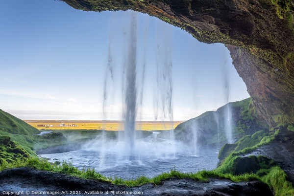 Iceland. Walking behind Seljalandsfoss waterfall Picture Board by Delphimages Art