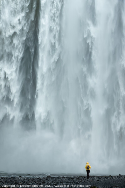 Iceland. Woman looking at Skogafoss waterfall Picture Board by Delphimages Art