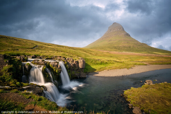 Iceland landscape. Mount Kirkjufell and waterfall Picture Board by Delphimages Art