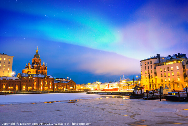 Old port and cathedral of Helsinki in winter Picture Board by Delphimages Art