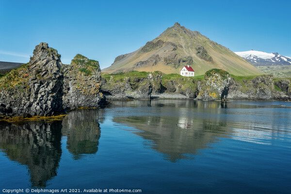 Iceland landscape. Little white house in Arnarstap Picture Board by Delphimages Art