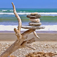 Buy canvas prints of New Zealand, driftwood and balanced stones by Delphimages Art