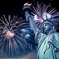 Buy canvas prints of Statue of Liberty, New York fireworks by Delphimages Art