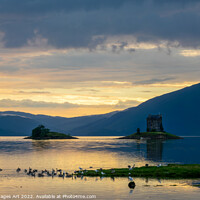 Buy canvas prints of Castle Stalker on Loch Laich at sunset, Argyll, Sc by Delphimages Art