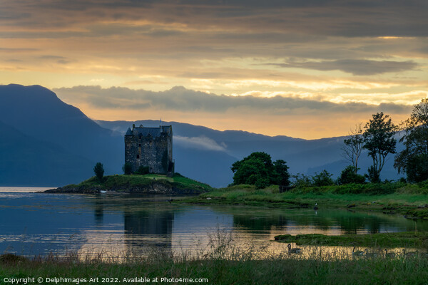 Loch Laich and castle Stalker at sunset, Argyll, S Picture Board by Delphimages Art