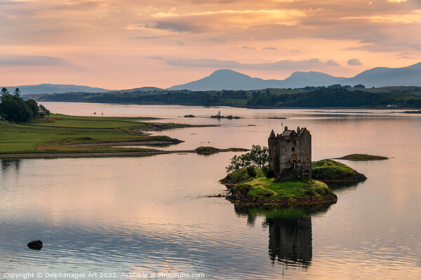 Castle Stalker with water reflections at sunset, A Picture Board by Delphimages Art