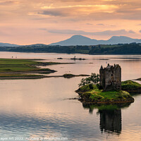 Buy canvas prints of Castle Stalker with water reflections at sunset, A by Delphimages Art
