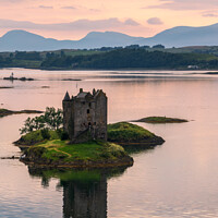 Buy canvas prints of Castle Stalker on Loch Laich at sunset, Argyll, Sc by Delphimages Art