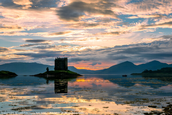 Castle Stalker with water reflections at sunset, S Picture Board by Delphimages Art