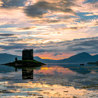 Buy canvas prints of Castle Stalker with water reflections at sunset, S by Delphimages Art