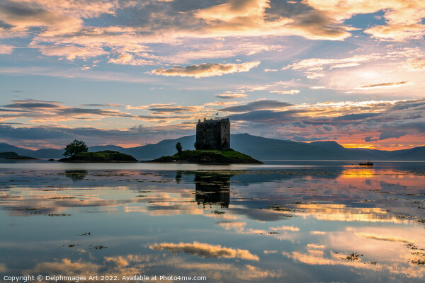 Castle Stalker with water reflections at sunset Picture Board by Delphimages Art