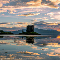 Buy canvas prints of Castle Stalker with water reflections at sunset by Delphimages Art