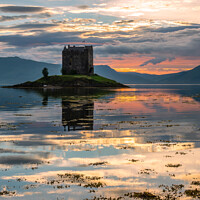 Buy canvas prints of Castle Stalker on Loch Laich at sunset by Delphimages Art
