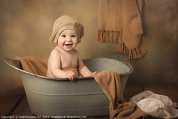 Bath time, baby in a vintage bathtub Picture Board by Delphimages Art