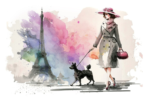 Walking the dog in Paris, Eiffel tower watercolor Picture Board by Delphimages Art