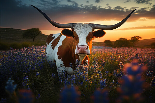 exas longhorn cow, bluebonnets at sunset Picture Board by Delphimages Art