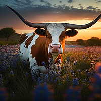 Buy canvas prints of exas longhorn cow, bluebonnets at sunset by Delphimages Art