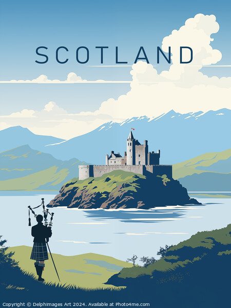 Scotland bagpiper, vintage travel poster Picture Board by Delphimages Art