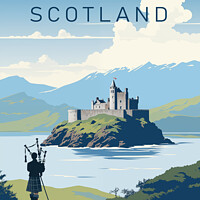 Buy canvas prints of Scotland bagpiper, vintage travel poster by Delphimages Art