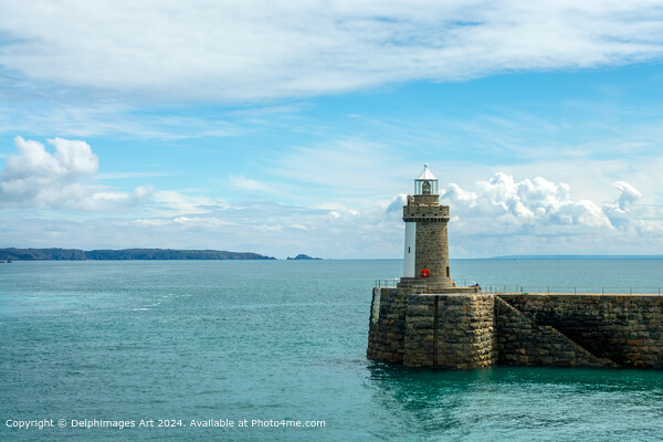 Castle Breakwater lighthouse in St Peter Port, Guernsey, Channel Islands Picture Board by Delphimages Art