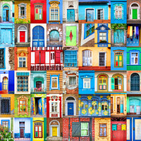 Buy canvas prints of Doors and windows of the world, travel collage by Delphimages Art
