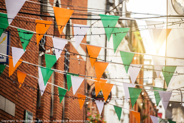 Irish flags garlands, Saint Patrick day in Dublin Picture Board by Delphimages Art